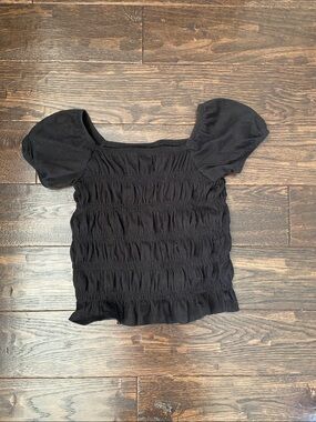Black Smocked Puff-Sleeve Top Size L